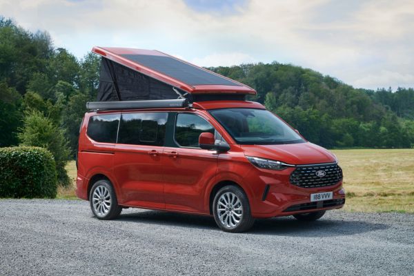 Ford Nugget steht auf Strasse vor Wiese