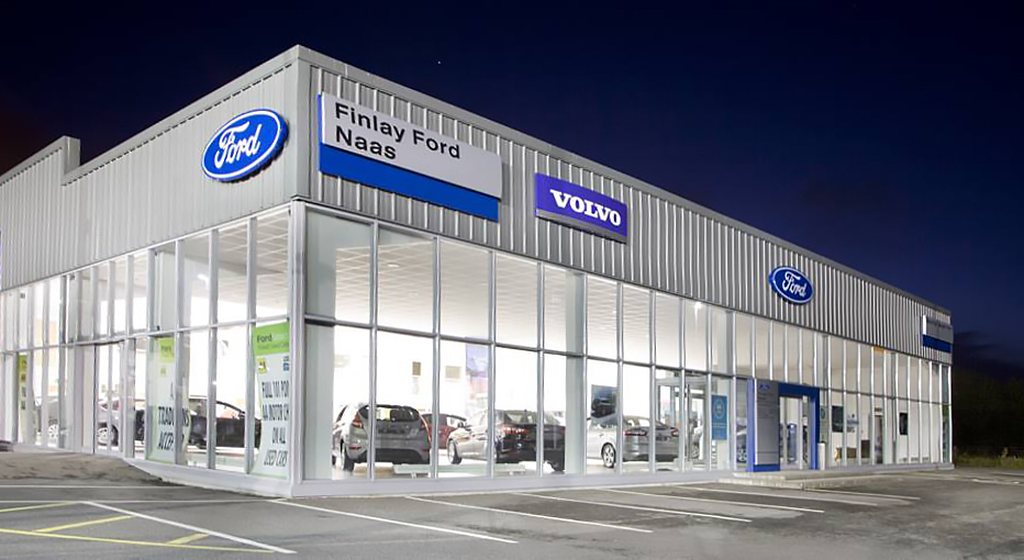 Ford dealership Finlay Motors location at night