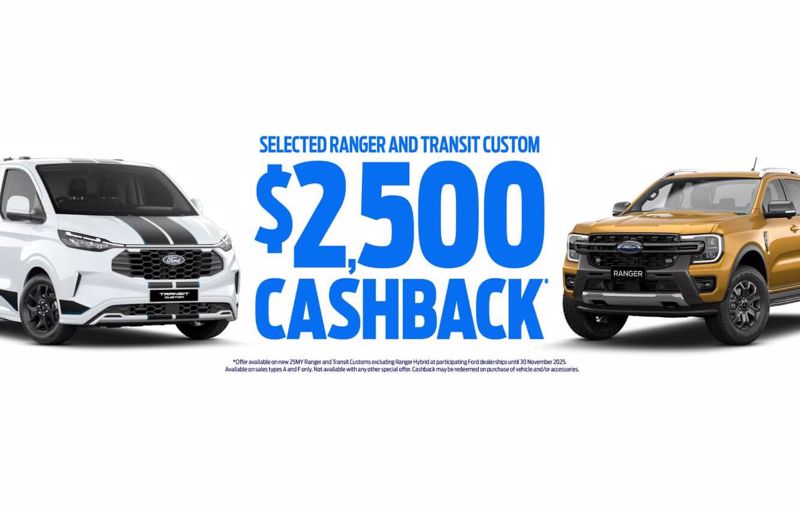Purchase selected Ford Ranger or Transit Custom and get $2,500 Cashback.*
